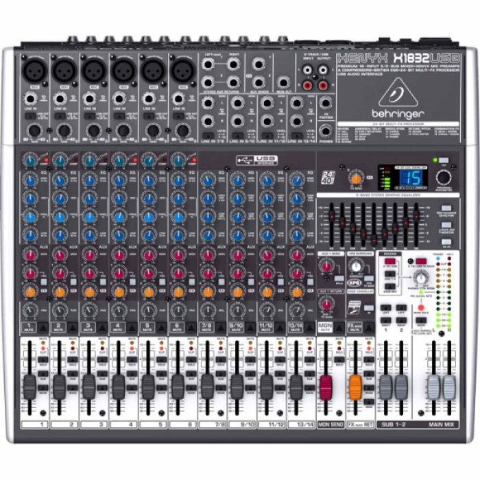 BEHRINGER QX1832USB, пассивный микшерный пульт, 6 мик/моно, 4 стерео, 2 AUX, блок эффектов, USB